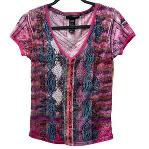 Custo Barcelona V Neck Short Sleeve Embellished Bling Graphic T Shirt Top Size 2